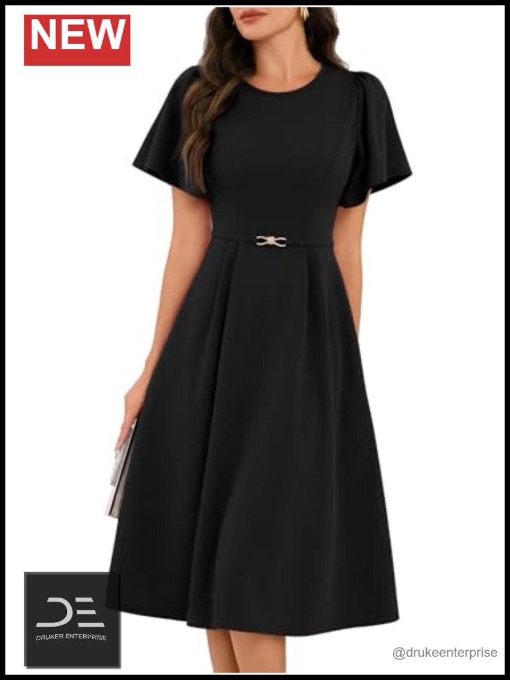 Elegant Ruffle Short Sleeve Midi Dress with Pockets A-Line Cocktail